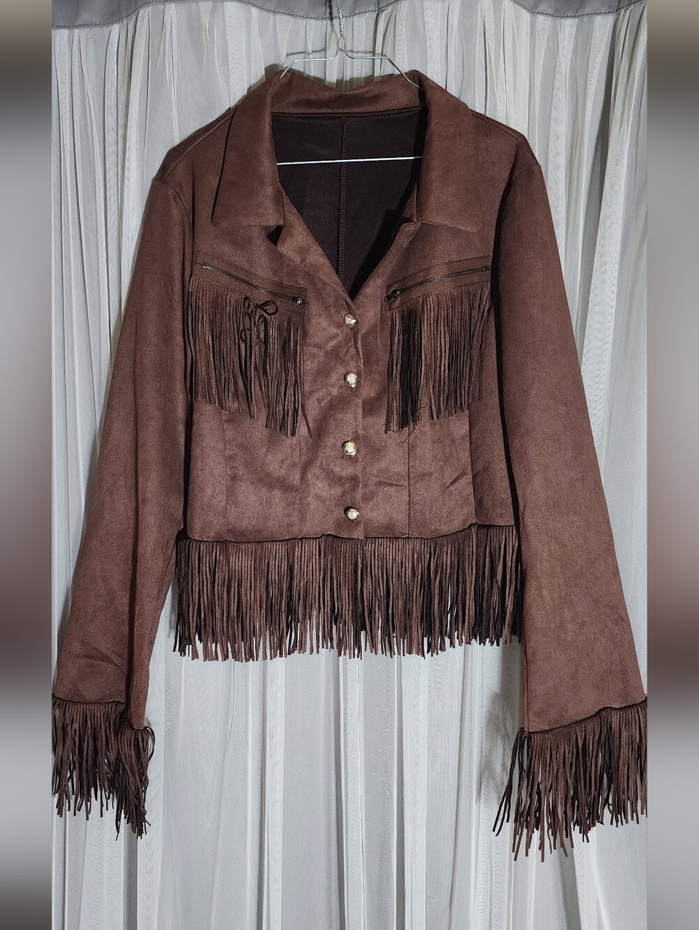 Brown Faux Suede Fringe Jacket - Women's Western Style Coat #101 - Picture 7 of 7